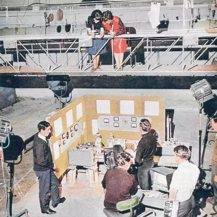 A scene from Thunderbirds being filmed at the AP Films studio.