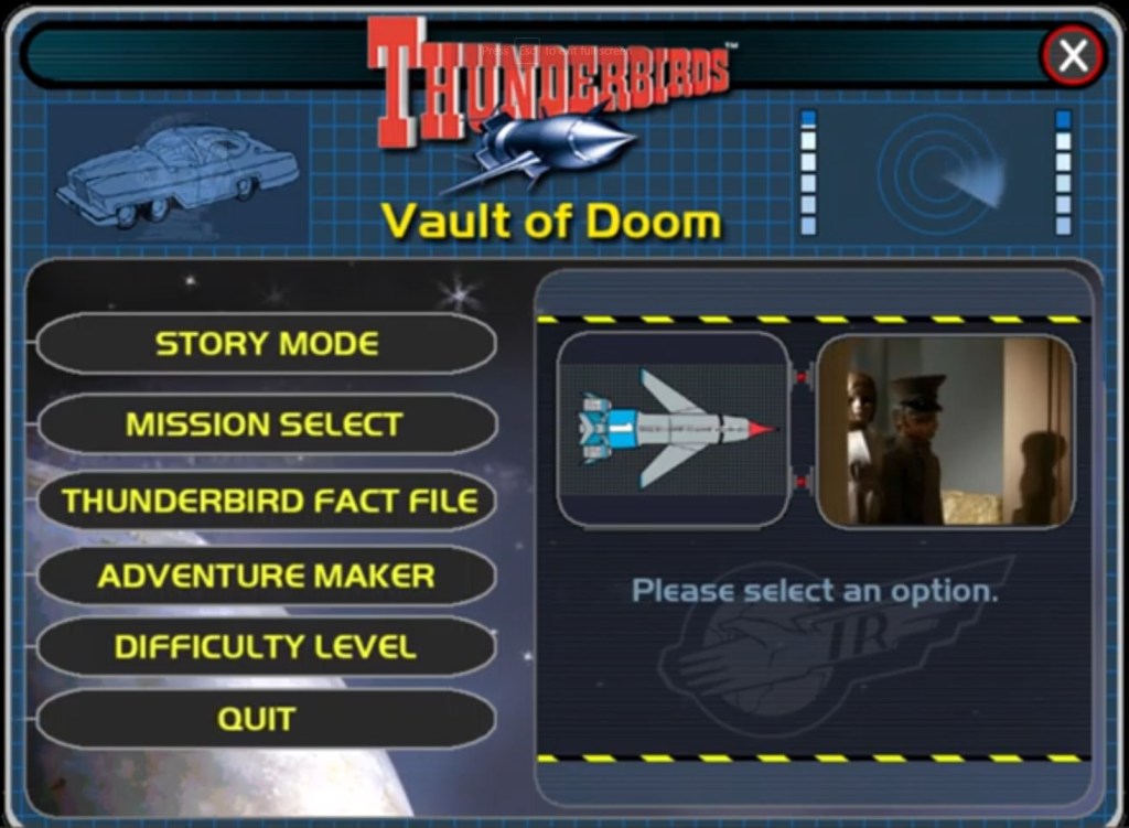 Thunderbirds: Vault of Doom game menu.