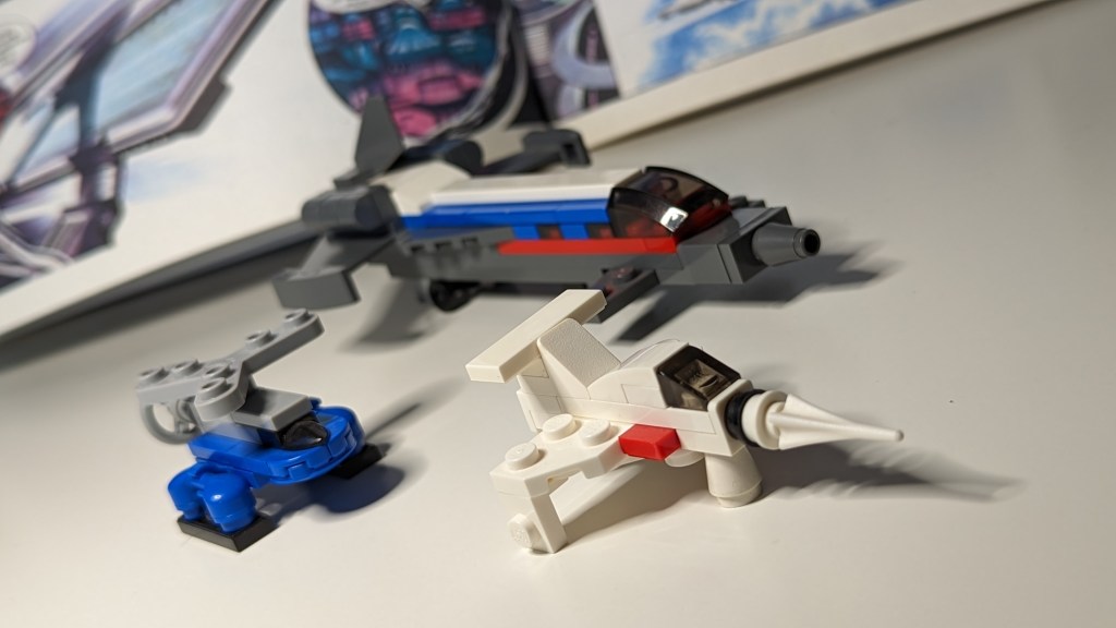 The Angel Interceptor, Spectrum Helicopter and Spectrum Passenger Jet LEGO® MOCs from the Gerry and Sylvia Anderson television series Captain Scarlet and the Mysterons. (Security Hazard, 2023)