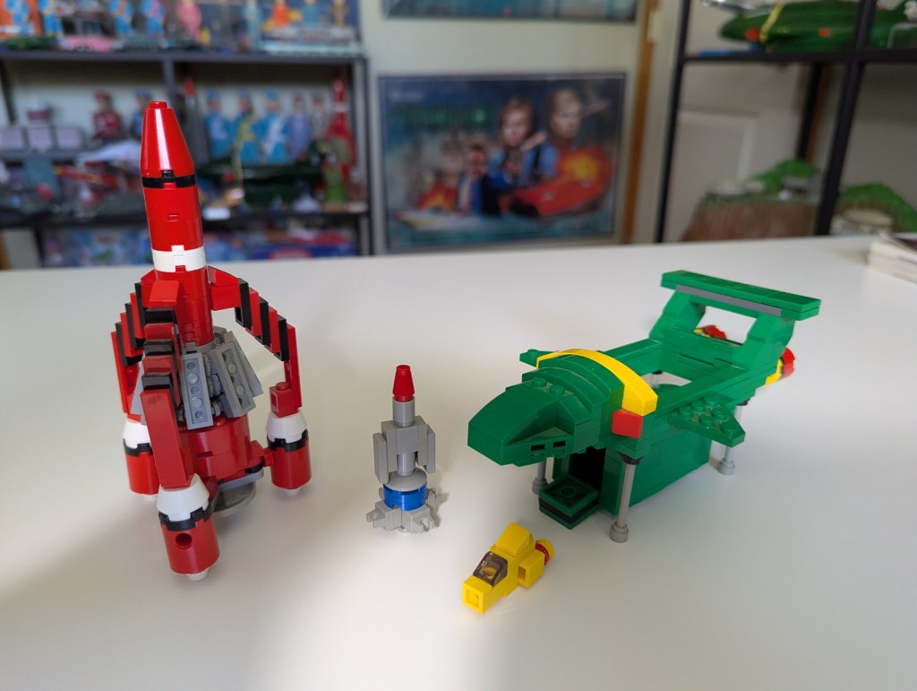 LEGO models of Thunderbird 1, Thunderbird 2, Thunderbird 3, and Thunderbird 4.