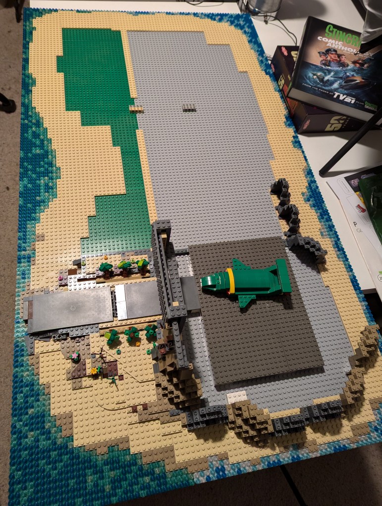 LEGO Tracy Island under construction, starting with Thunderbird 2's hangar and runway.