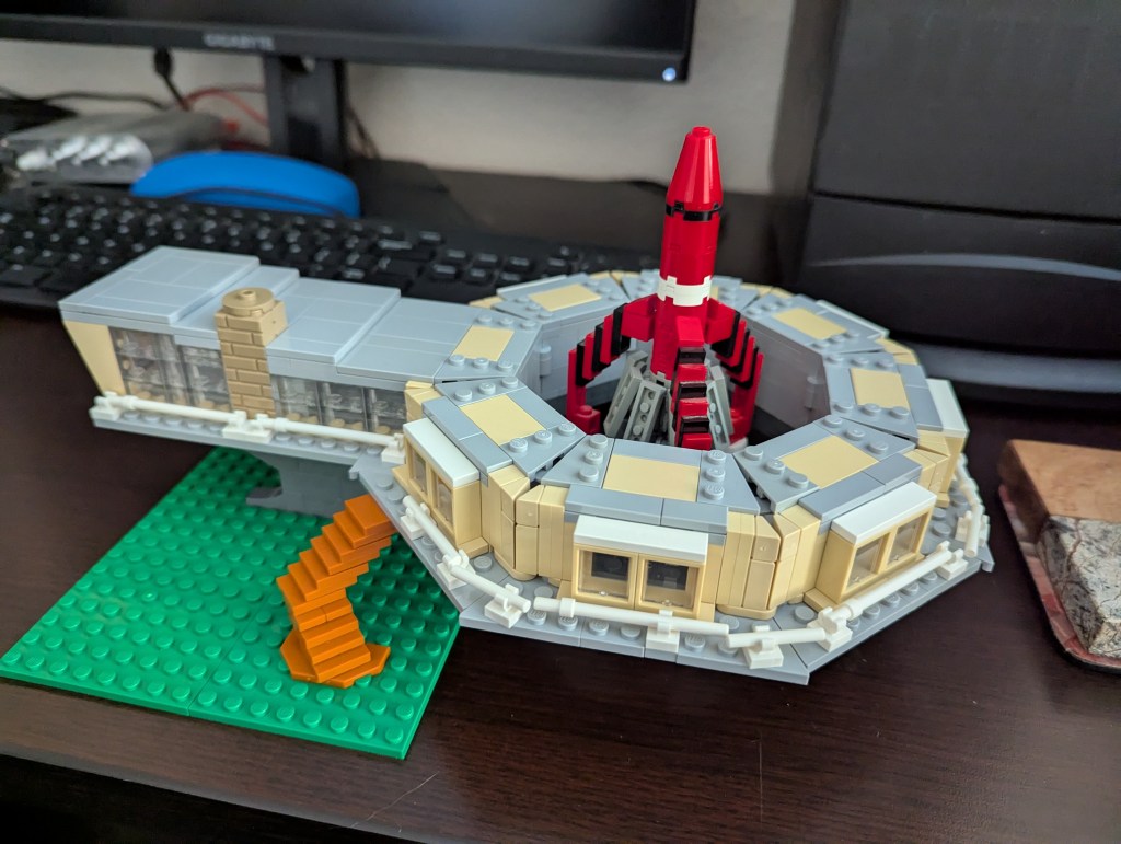 Custom built LEGO round house and Thunderbird 3 from Thunderbirds.