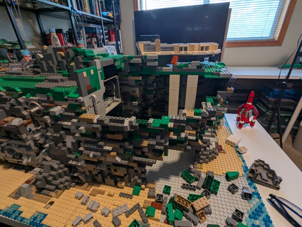 The cliff and secret cave at the back of Tracy Island starts to take shape,